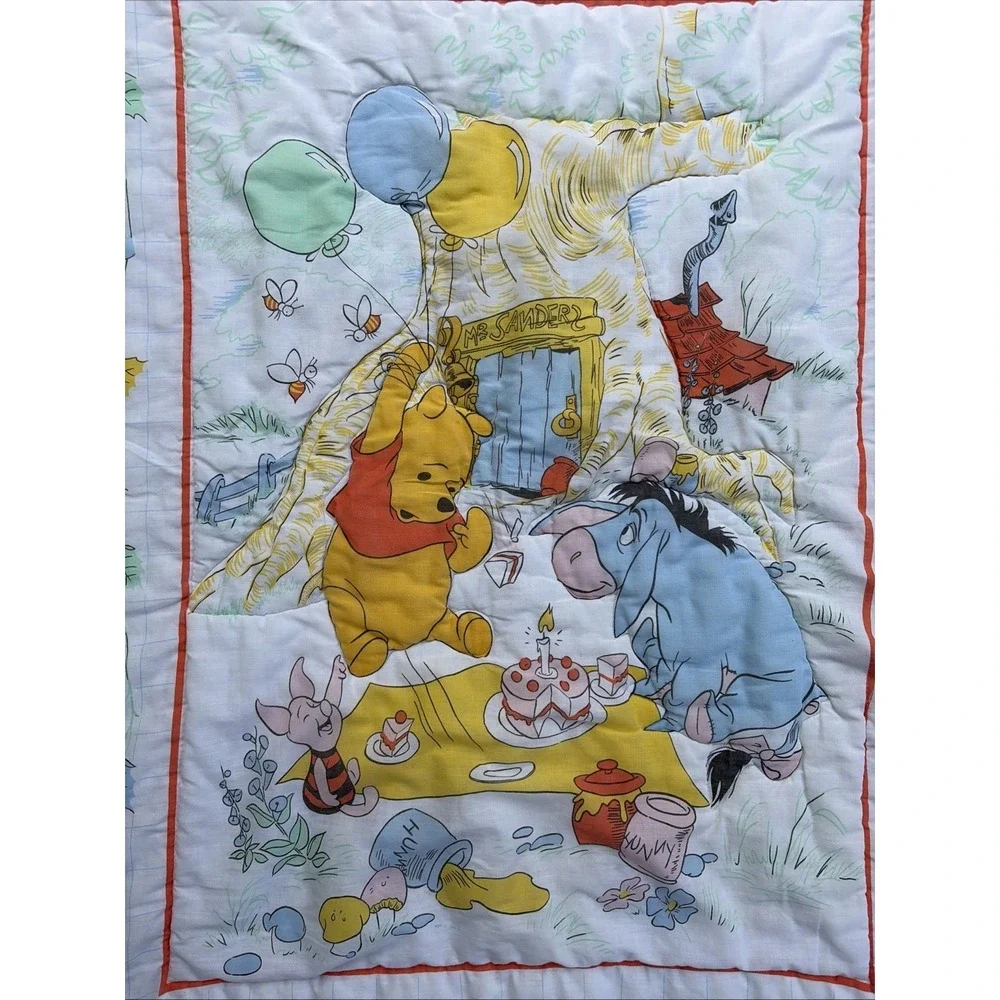 Vintage Winnie the Pooh Party Reversible Quilted Ruffle Trim Bed Crib Comforter